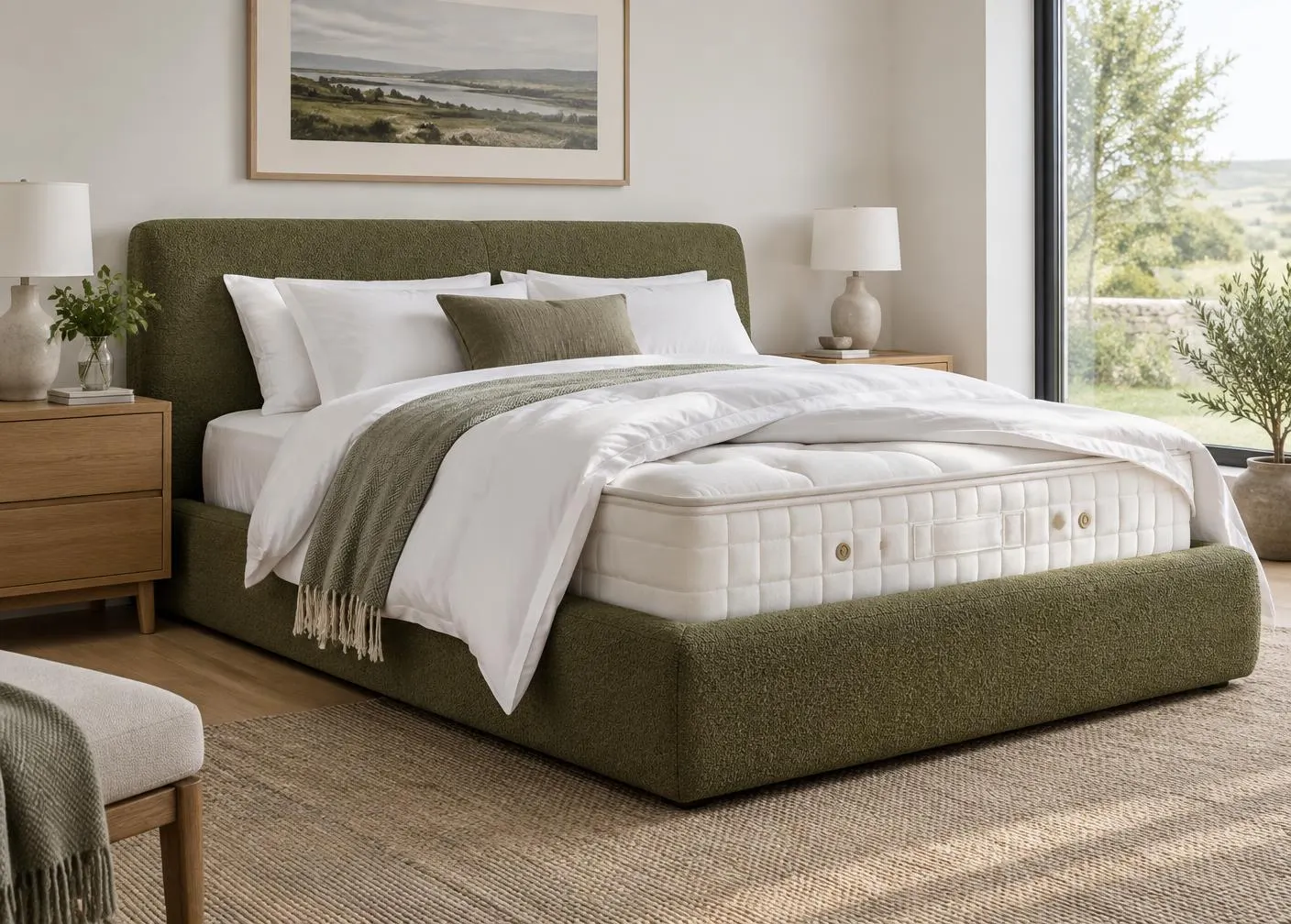 Upholstered bed with mattress depth and edge construction visible