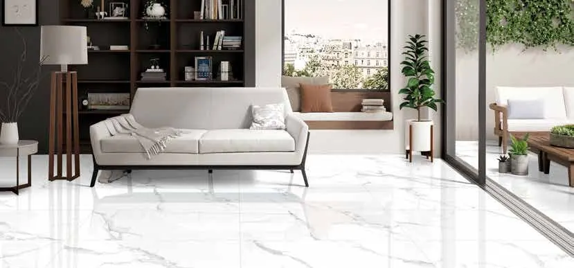 Tileanna Lincoln White marble-effect tiles in a bright living space
