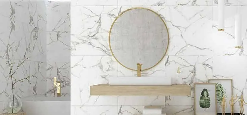 Tileanna Sena marble-effect bathroom tiles with a round mirror