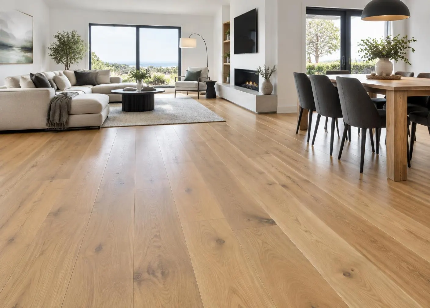 Wide oak-look boards running through an open-plan living and dining room